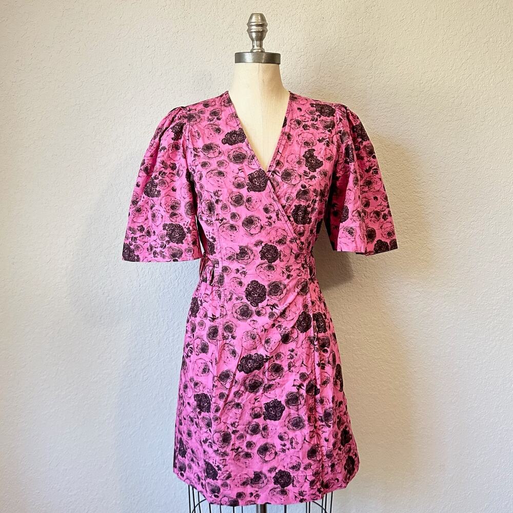 GANNI Wrap Mini Dress Pink Black Rose AOP Puff Sleeve Cotton NWOT